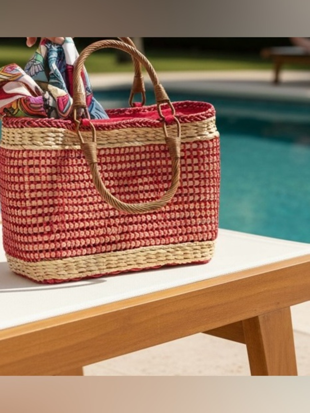 VTG The Sak Indie Woven
Basket Tote Red And Cream Wooden Handles Rattan NWT